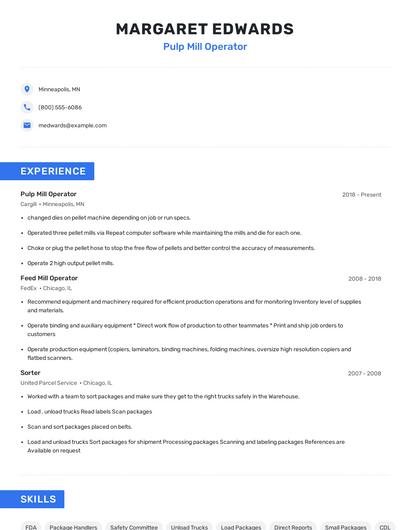 Pulp Mill Operator Resume