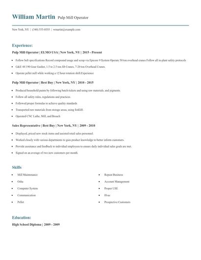 Pulp Mill Operator Resume