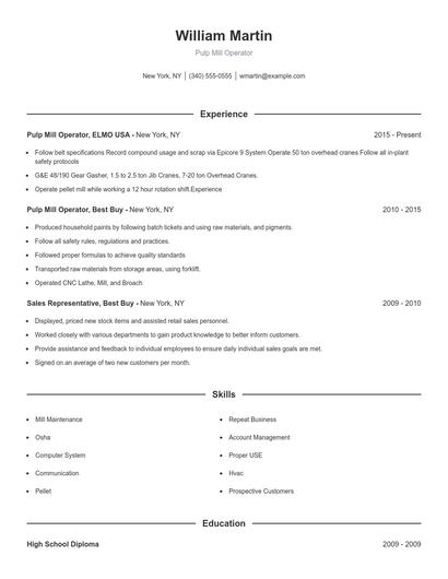 Pulp Mill Operator Resume