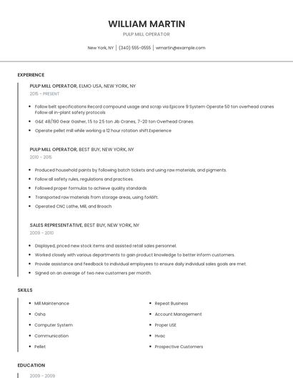 Pulp Mill Operator Resume