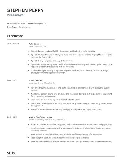 Pulp Operator Resume