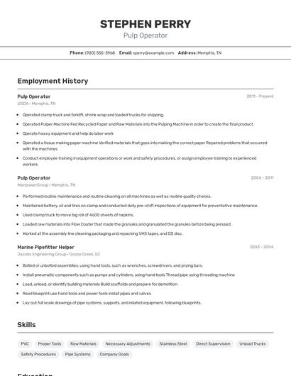 Pulp Operator Resume