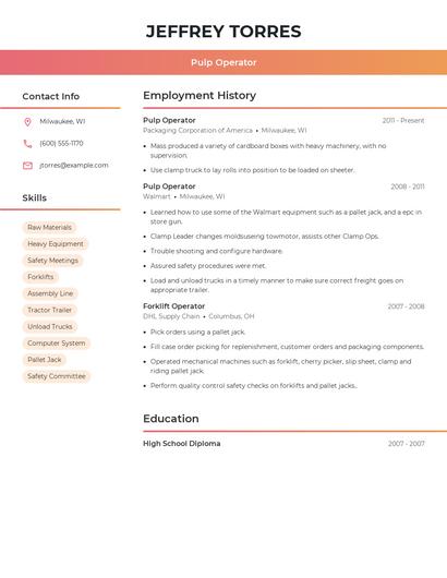 Pulp Operator Resume