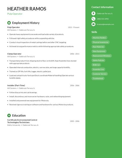 Pulp Operator Resume
