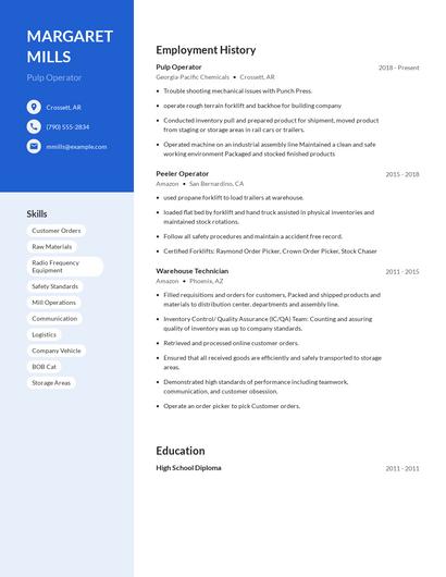 Pulp Operator Resume