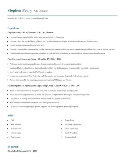 Pulp Operator Resume