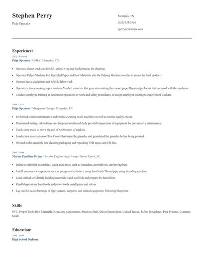 Pulp Operator Resume