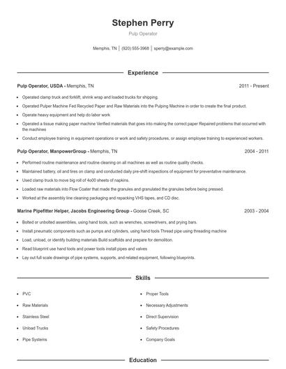 Pulp Operator Resume
