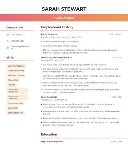 Pulpit Operator Resume