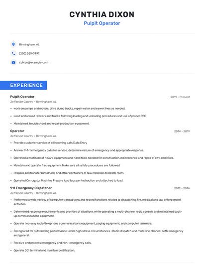 Pulpit Operator Resume