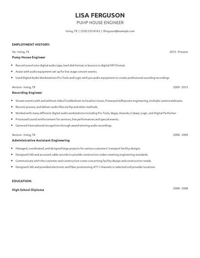 Pump House Engineer Resume