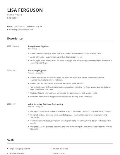 Pump House Engineer Resume