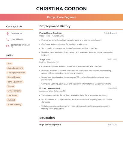 Pump House Engineer Resume