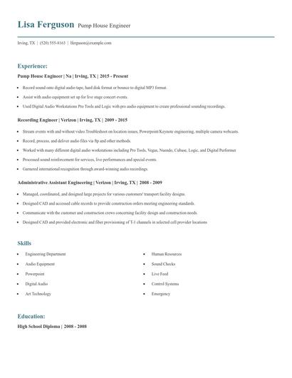 Pump House Engineer Resume
