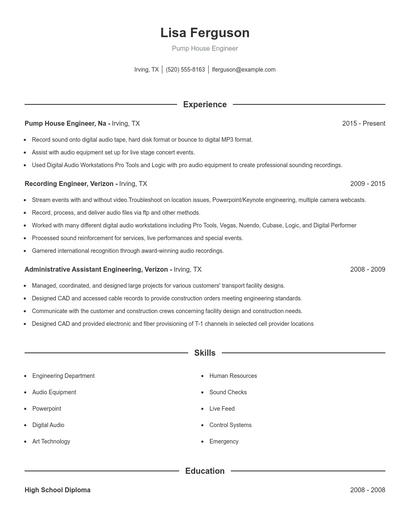 Pump House Engineer Resume