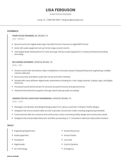 Pump House Engineer Resume