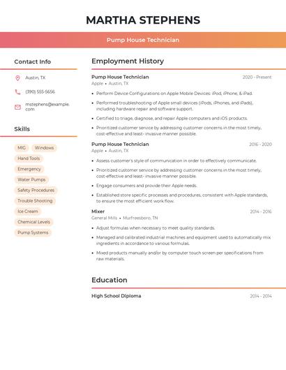 Pump House Technician Resume
