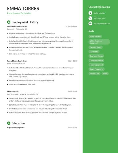 Pump House Technician Resume