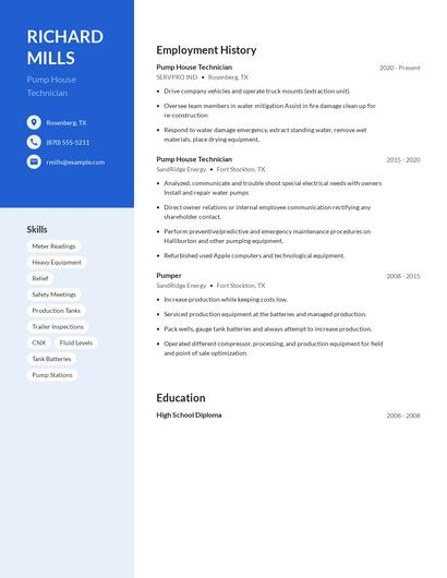 Pump House Technician Resume