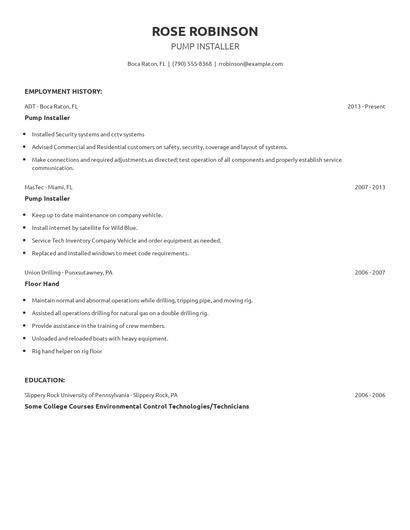 Pump Installer Resume