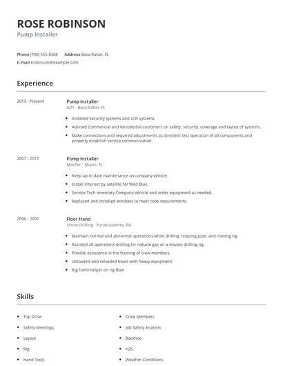 Pump Installer Resume