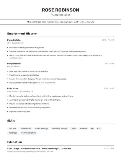 Pump Installer Resume