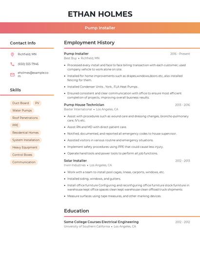 Pump Installer Resume