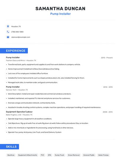 Pump Installer Resume