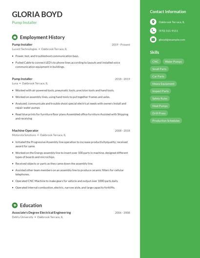 Pump Installer Resume