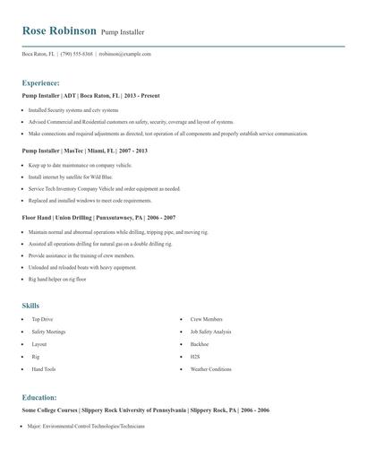 Pump Installer Resume