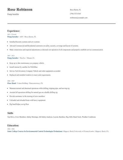 Pump Installer Resume