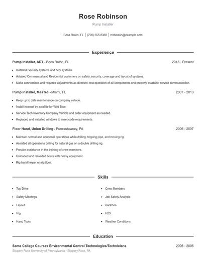 Pump Installer Resume