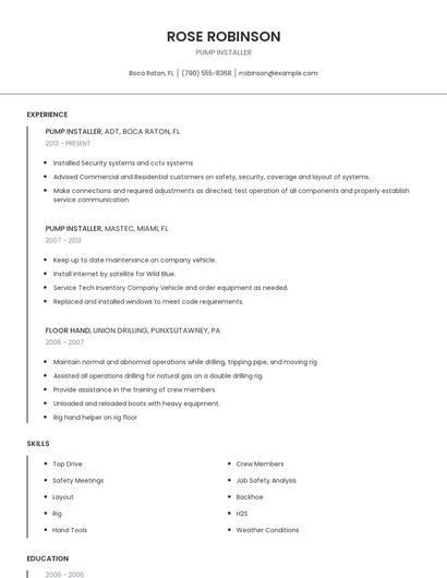 Pump Installer Resume