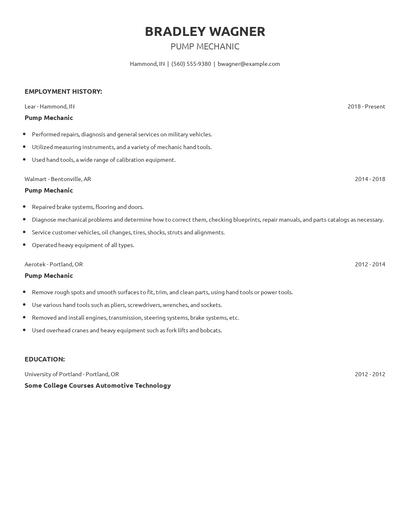 Pump Mechanic Resume