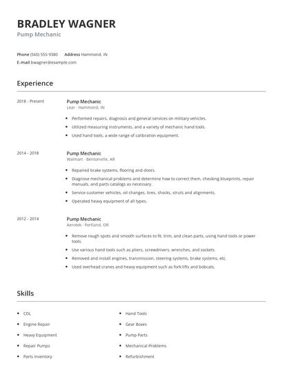 Pump Mechanic Resume