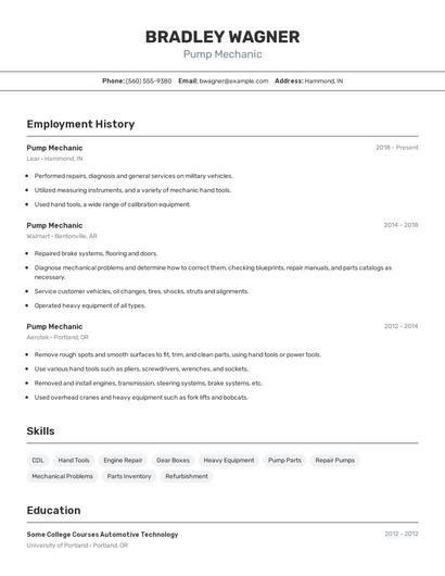 Pump Mechanic Resume