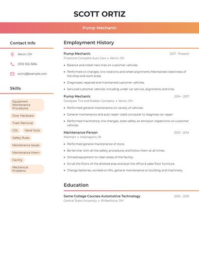 Pump Mechanic Resume