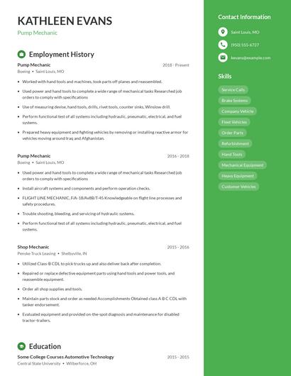 Pump Mechanic Resume