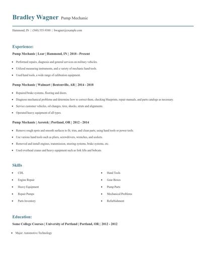 Pump Mechanic Resume