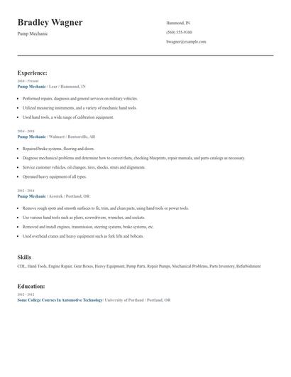 Pump Mechanic Resume