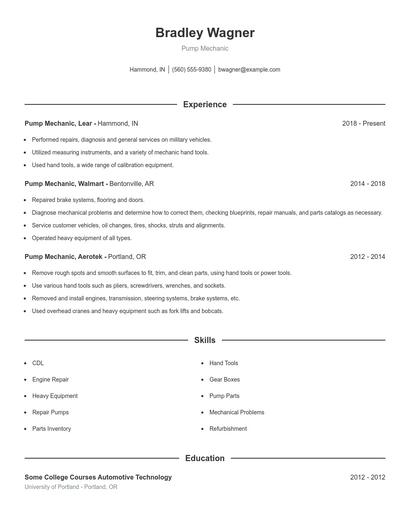 Pump Mechanic Resume