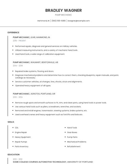 Pump Mechanic Resume