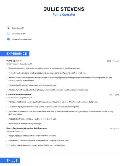 Pump Operator Resume