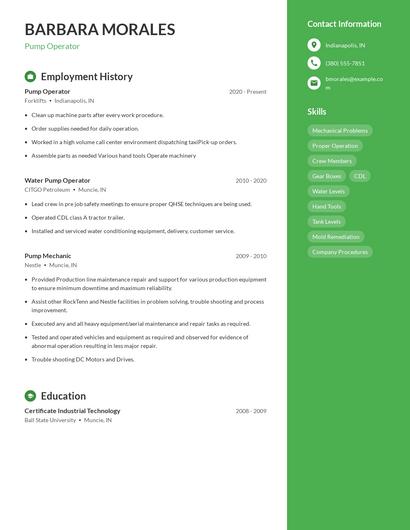 Pump Operator Resume