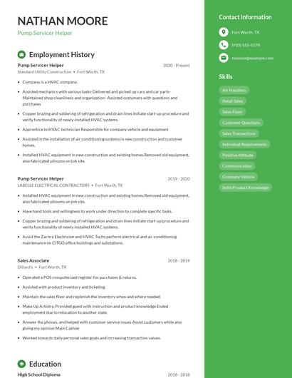 Pump Servicer Helper Resume