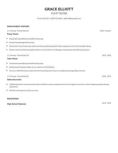 Pump Tester Resume