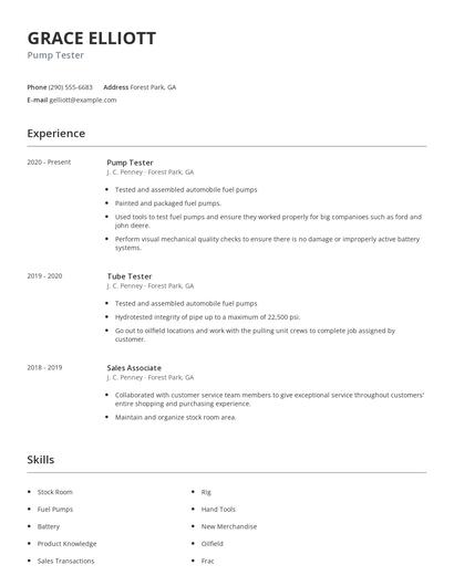 Pump Tester Resume