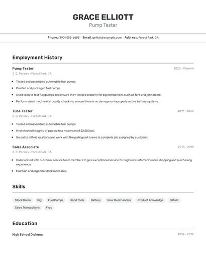 Pump Tester Resume