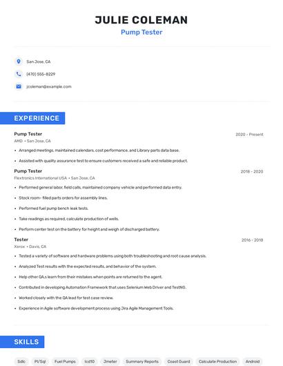 Pump Tester Resume
