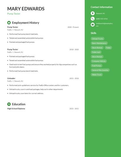 Pump Tester Resume